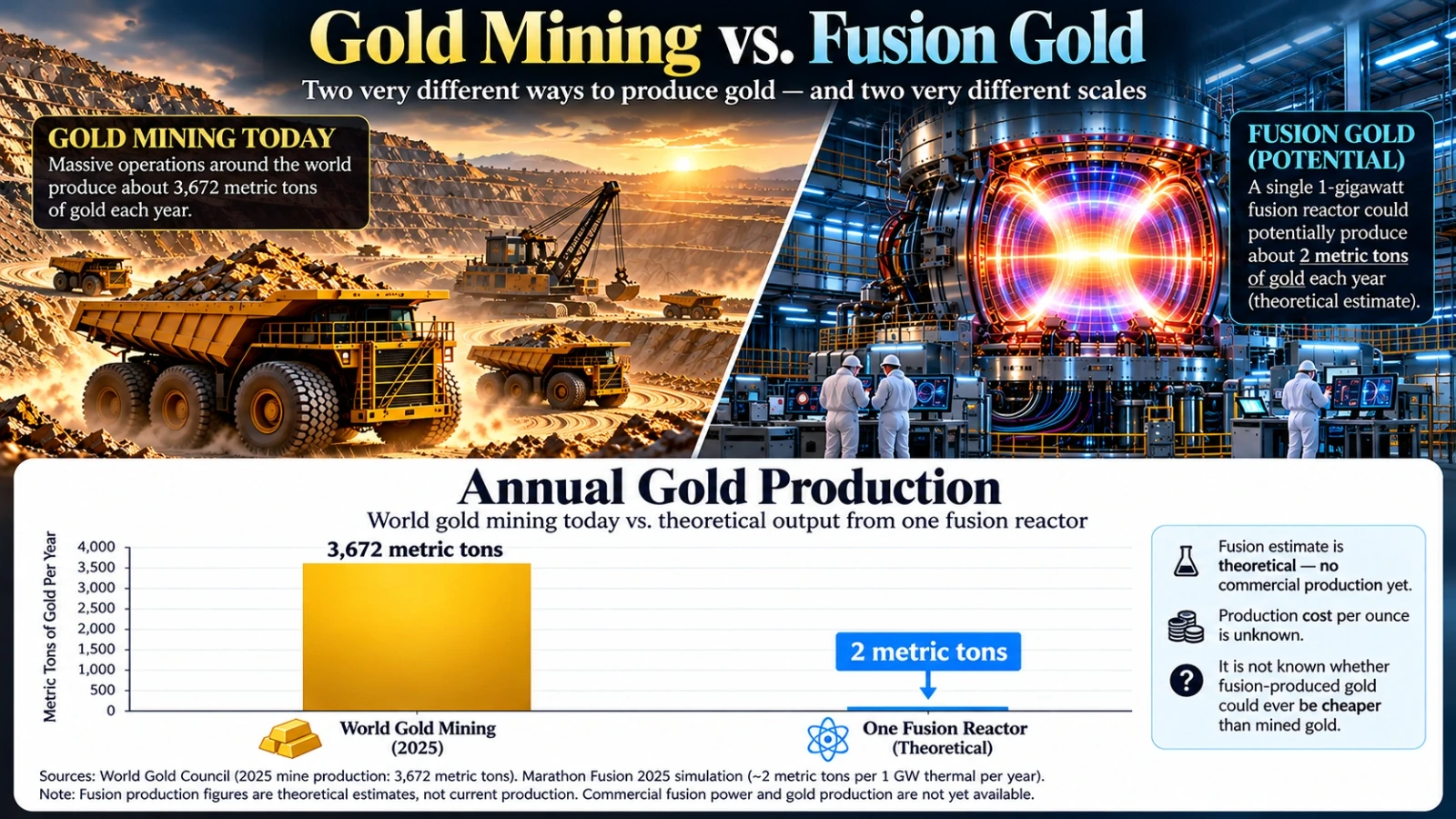 Chart comparing annual gold production from traditional mining (3,672 metric tons) versus theoretical fusion reactor output (2 metric tons).