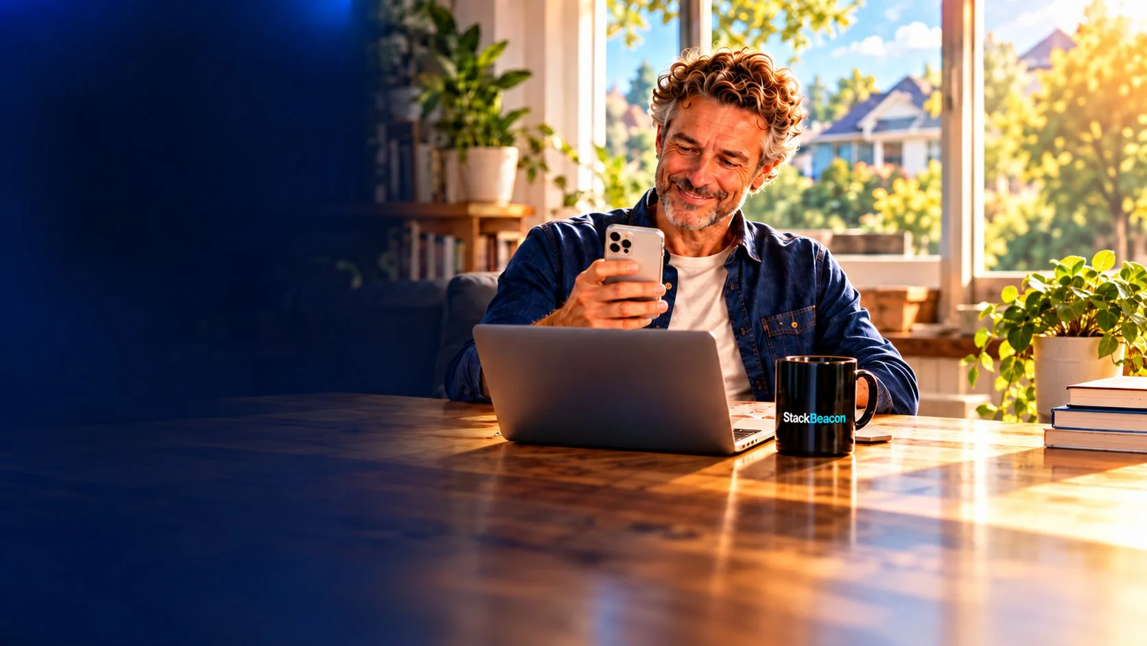 A man smiling at his phone at a sunny kitchen table