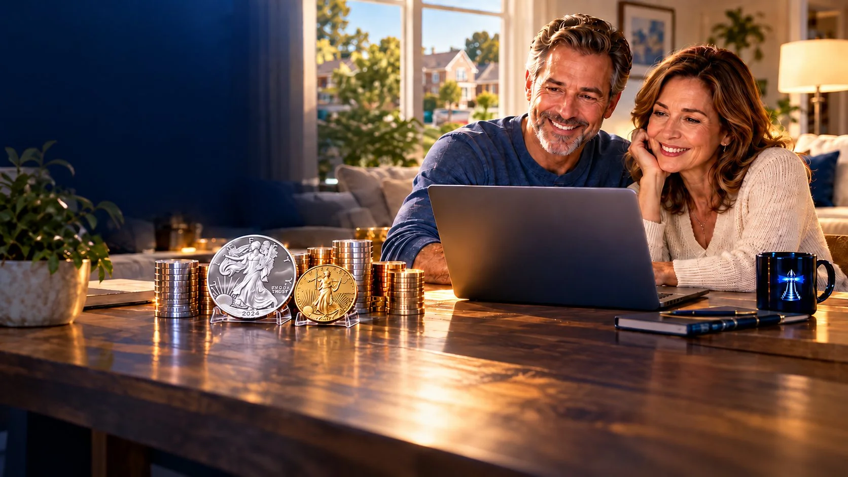 A couple smiling at a laptop with their gold and silver coins on the table