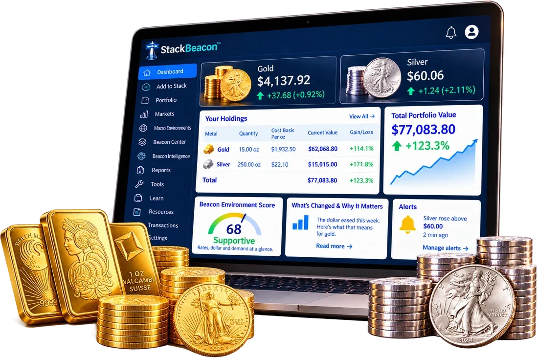 The StackBeacon dashboard showing gold and silver prices, holdings, total portfolio value, market context and alerts