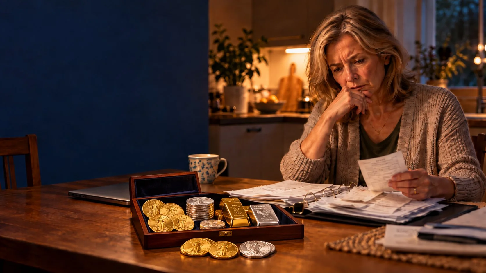 A woman alone at her kitchen table at night, looking through a binder of receipts with a worried expression