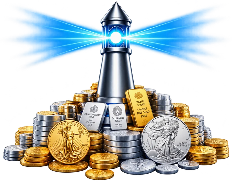 A lighthouse rising from a stack of gold and silver coins and bars