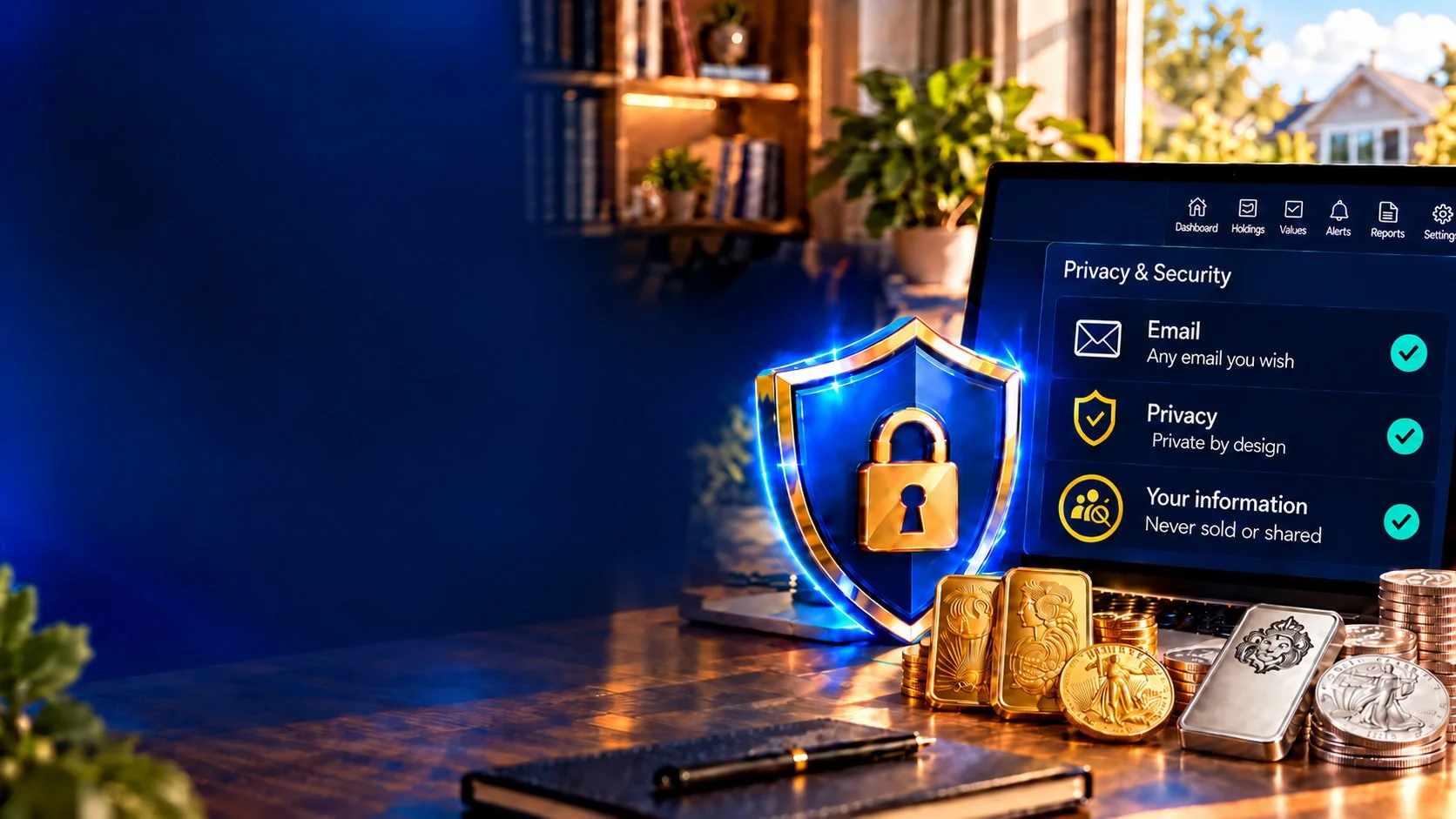 A glowing shield with a gold padlock beside a laptop showing StackBeacon's Privacy & Security settings, with gold and silver on the desk