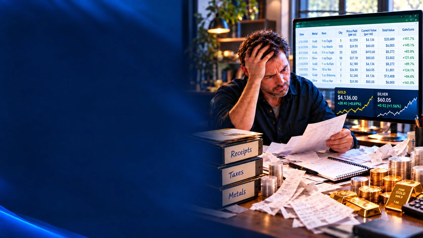 A man at his desk, head in hand, surrounded by receipts, binders, coins and a spreadsheet
