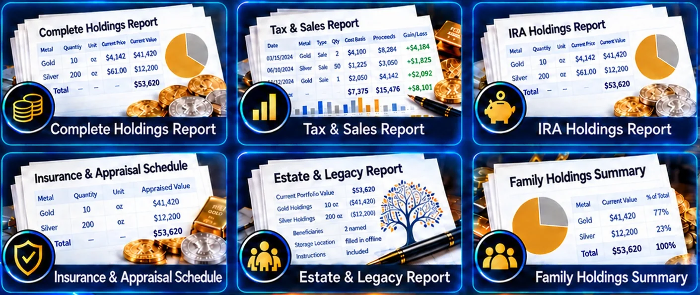 Six StackBeacon reports: Complete Holdings, Tax & Sales, IRA Holdings, Insurance & Appraisal Schedule, Estate & Legacy, and Family Holdings Summary