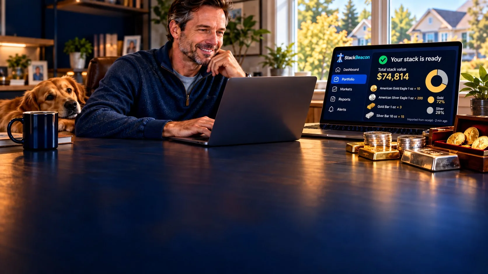 A smiling man at his laptop with his golden retriever beside him and gold and silver on the desk