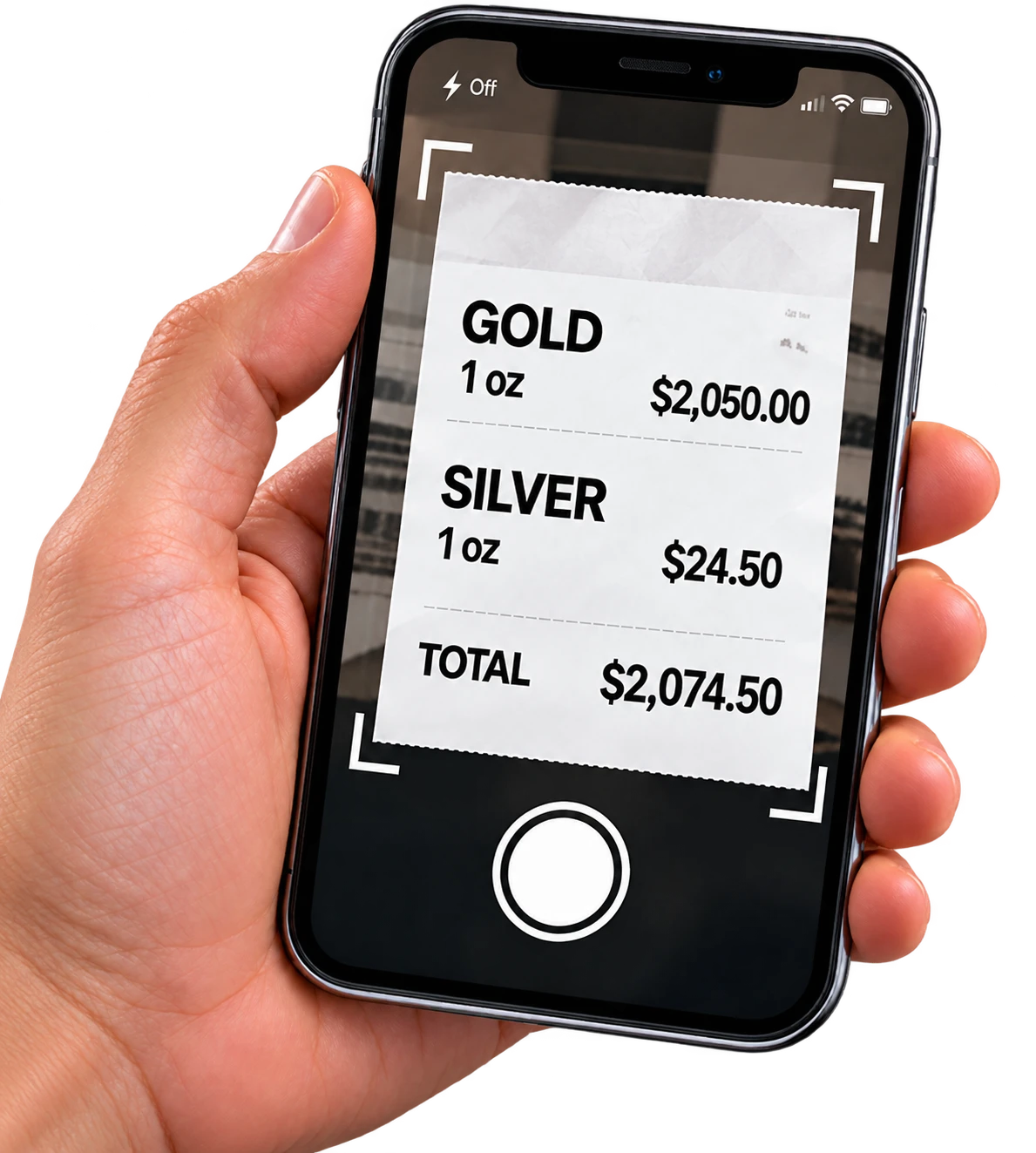 A phone scanning a dealer receipt for gold and silver