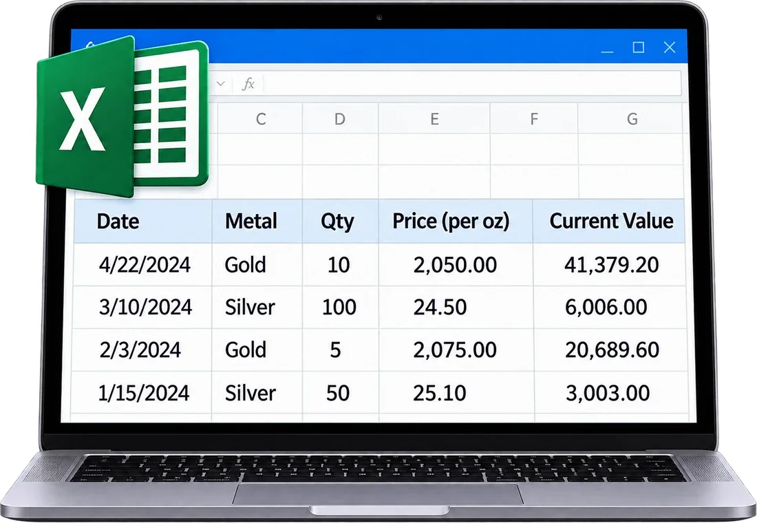 A spreadsheet of gold and silver purchases being imported