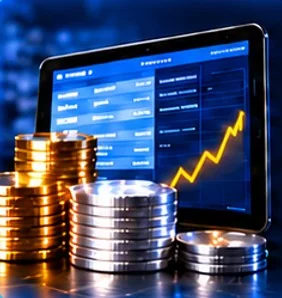 Gold and silver coin stacks beside a tablet with a rising chart