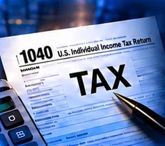A 1040 tax return with a pen and calculator