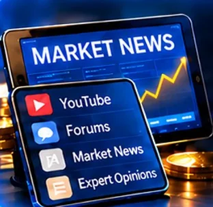 A tablet of market news with YouTube, forums and expert opinions