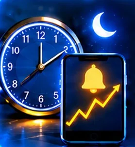 A clock at night beside a phone showing an alert